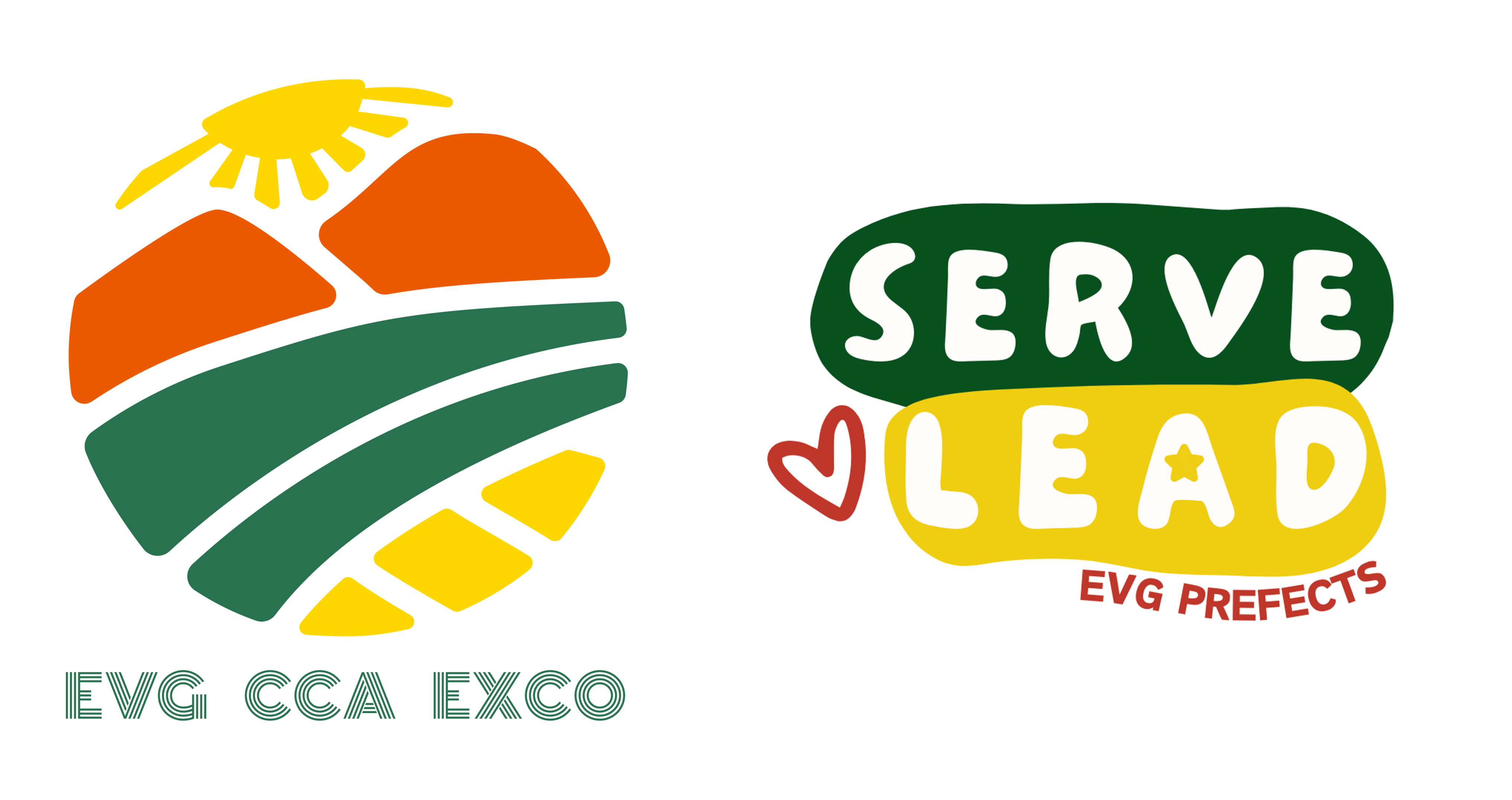 Two badges: EVG CCA EXCO with a farm sunrise emblem, and Serve Lead EVG Prefects in green and yellow.